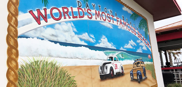 The World's Most Famous Beach mural at Crabby's Oceanside restaurant