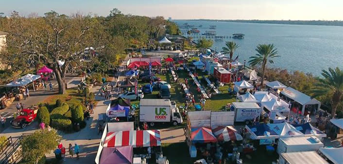 An aerial view of Riverfest Seafood Festival in Ormond Beach on the Halifax River