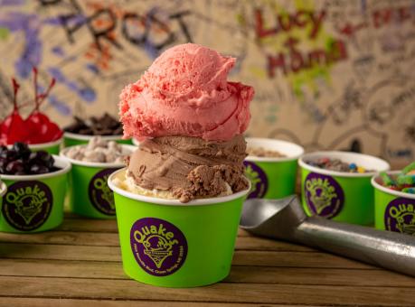 Three scoops of ice cream at Quakes Ice Creamery