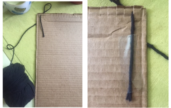 Yarn in the loom of the cardboard piece and tapped down on the back.