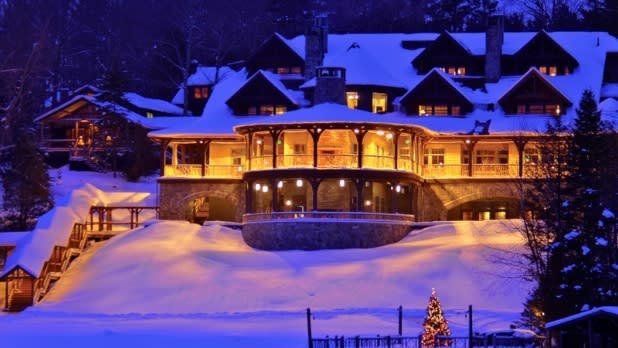 Night lights lit at the Lake Placid Lodge