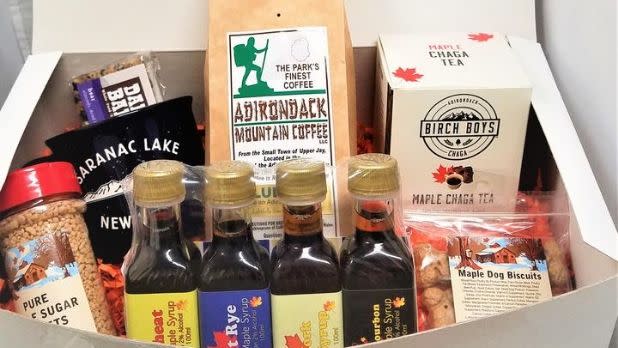 A gift box of products such as coffee and syrup from the Adirondacks