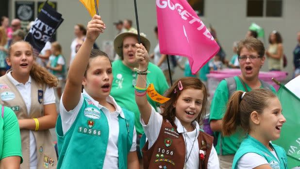 New York State Girl Scouts participate in the daily parade at the NYS Fair on Wednesday, Aug. 29, 2018, near Syracuse, N.Y. Wednesday was Women's Day at the Fair.