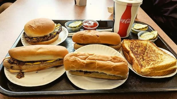 Tray of white hots, grilled cheese, hamburger at Schaller's in Rochester, New York