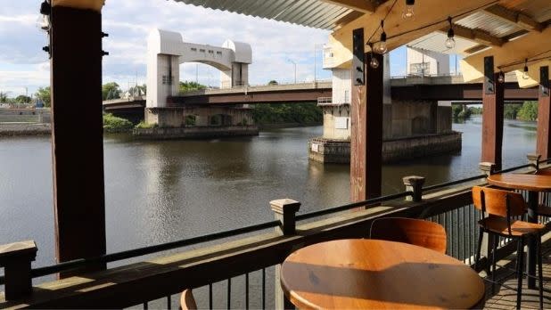 A view of the Hudson River from the patio at Dinosaur Bar-B-Que in Troy