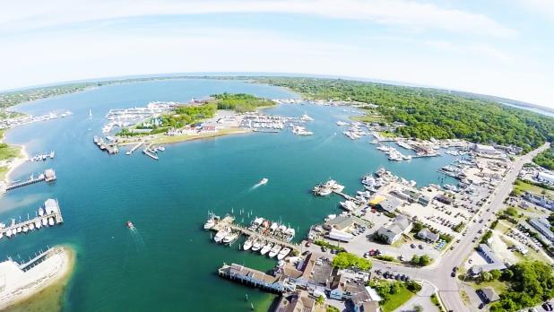 View from above of Montauk shore and docks