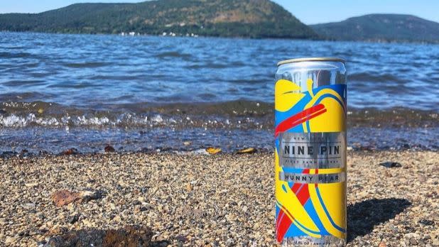 A photo of a can of Nine Pin Cider in the rocks on a beach in Capital-Saratoga