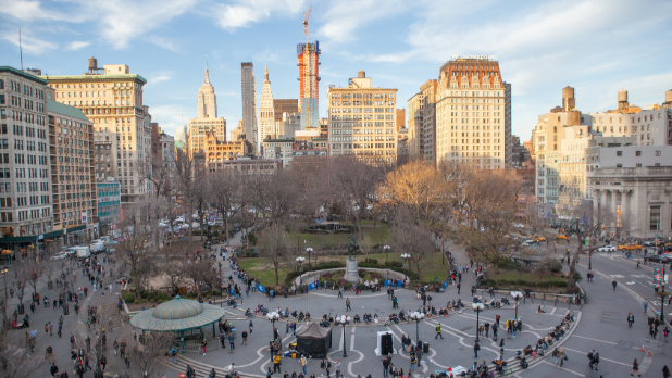 A photo of people walking through Union Square