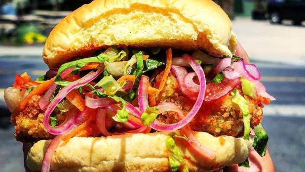 A chicken burger with red onion shredded lettuce and carrots