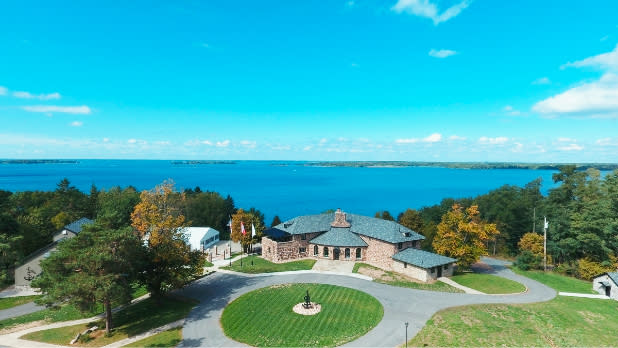 Overhead view of Saint Lawrence Spirits Chateau along the Saint Lawrence River, New York