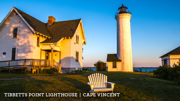 A photo of Tibbetts Point Lighthouse along the Great Lakes Seaway Byway during the day