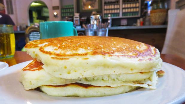 Stack of buttermilk pancakes at Sweet Sue's in Phoenicia, New York