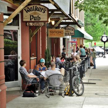 Patrons drink their choice of coffee or beer at Walker's Pub - Athens, Georgia