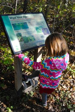 Boot brush station as you enter Burnett Woods Nature Preserve in Avon, Indiana.
