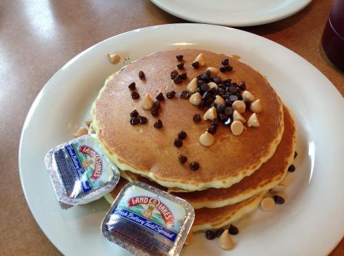 Plated chocolate chip pancakes at Golden Nugget Pancake House in Dayton, OH