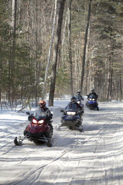 A group explores the woods on their snowmobiles near Minocqua, WI.