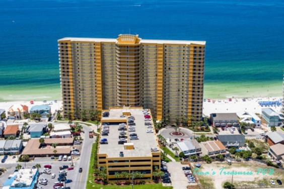 From the air-Front of Treasure Island Resort overlooking beach & Gulf of Mexico