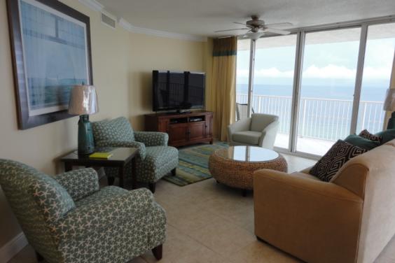 Living Room with 55-in HDTV and Gulf view
