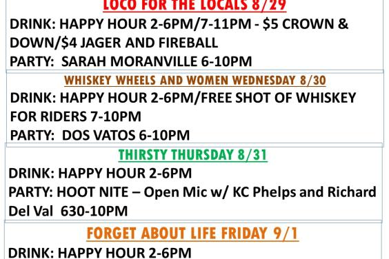 Buster's Beer and Bait Weekly Happenings