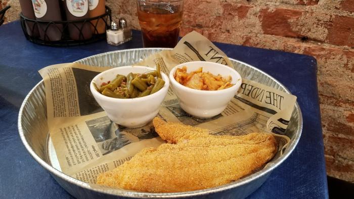 Catfish dinner with green beans and cheesy potatoes from Holy Smoke Hog Roast Company in Martinsville.