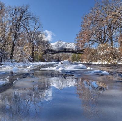 Clear Creek and bridge in winter