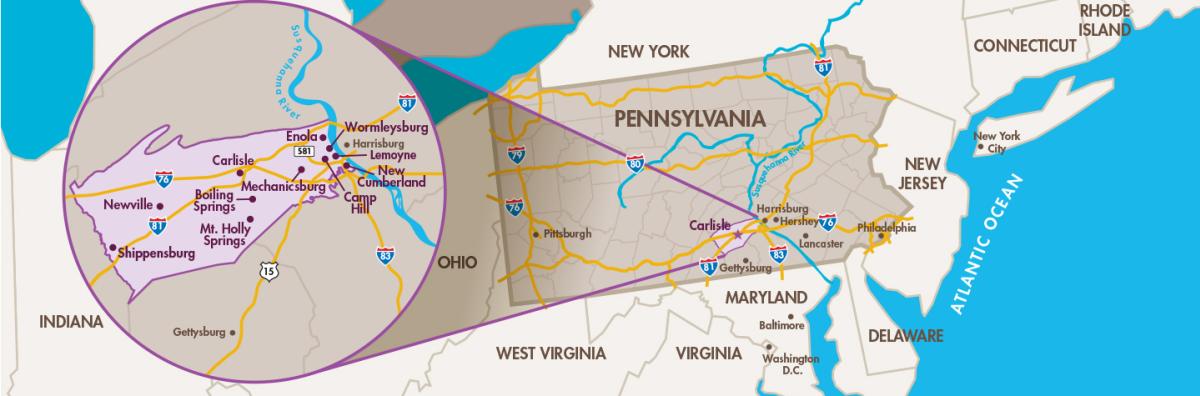 A map illustrating the location of Cumberland Valley, PA & Surrounding States.