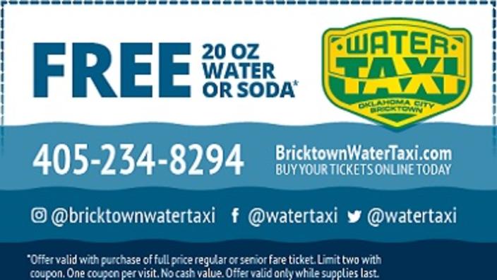 Free 20oz water or soda* with a ride on the Bricktown Water Taxi!
