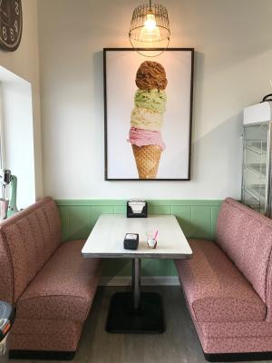 An old-fashioned, cozy atmosphere greets you at Flossiemae's Ice Cream & Coffee.