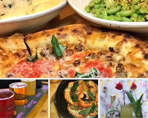 A collage of delectable foods in Juneau including pizza and a flight of drinks.