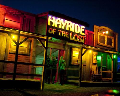 Bright colors light up the Hayride of the Lost Halloween attraction.