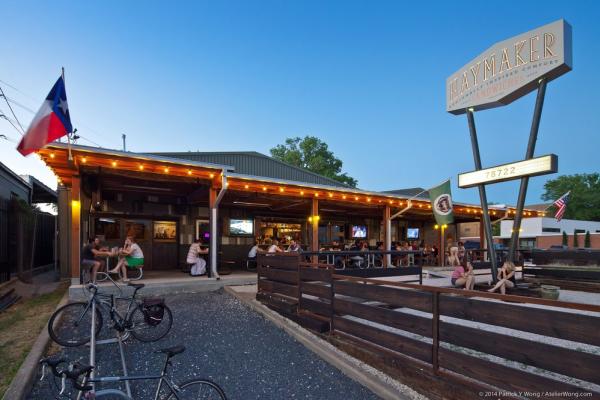 Haymaker exterior with patio and sign