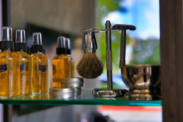 Lathering tools and oils on display at 18/8 Fine Men's Salon.