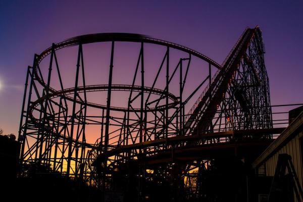 Rollercoaster at Six Flags Over Texas at Sunset