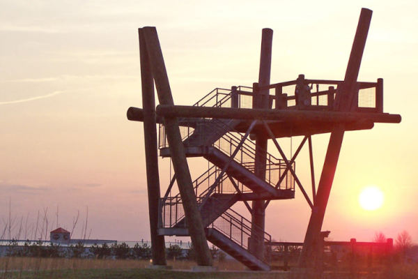 Observation deck at Glacier Ridge Metro Park during sunset.