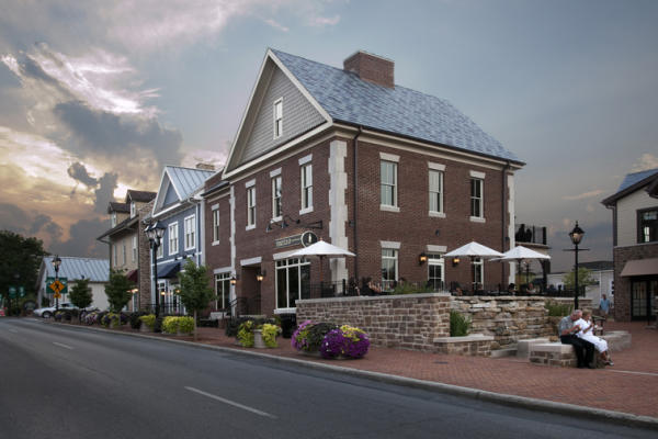 Building in Historic Dublin, Ohio durinig sunset.