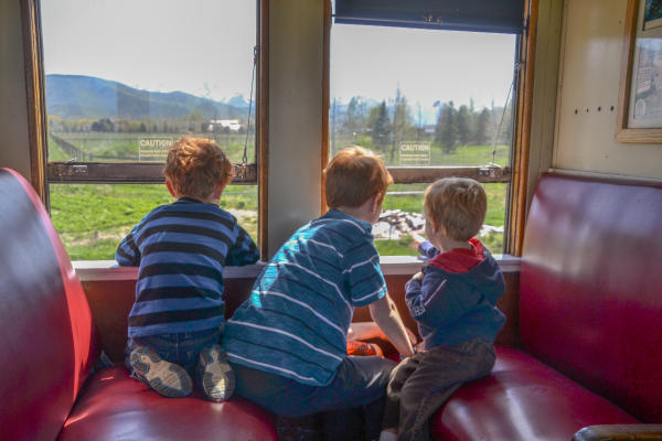 Three boys looking out of a train car window