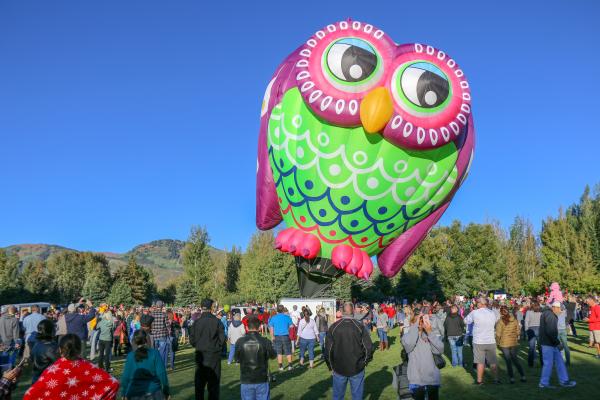 a crowd looking at a colorful hot air balloon in the shape of an owl.