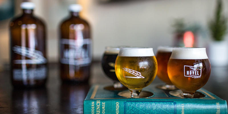 flight of small, sample-size beer glasses at Novel Brewing Company