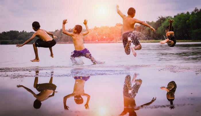 kids reflection in lake kids reflection in lake