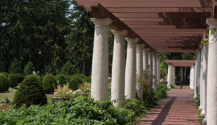 Large marble columns line a walkway at Sonnenberg Mansion in Canandaigua Large marble columns line a walkway at Sonnenberg Mansion in Canandaigua