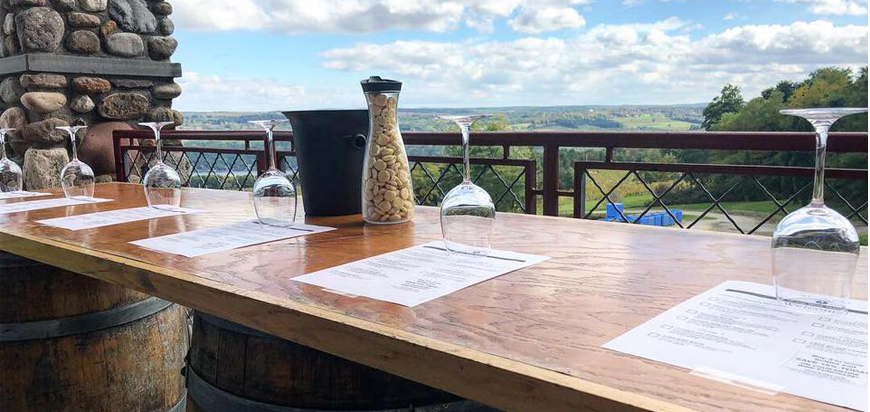Heron Hill Winery's vaulted tasting hall and winery overlooking vineyards on Keuka Lake.