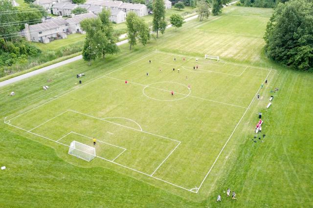 An aerial view of a soccer game at Plex North