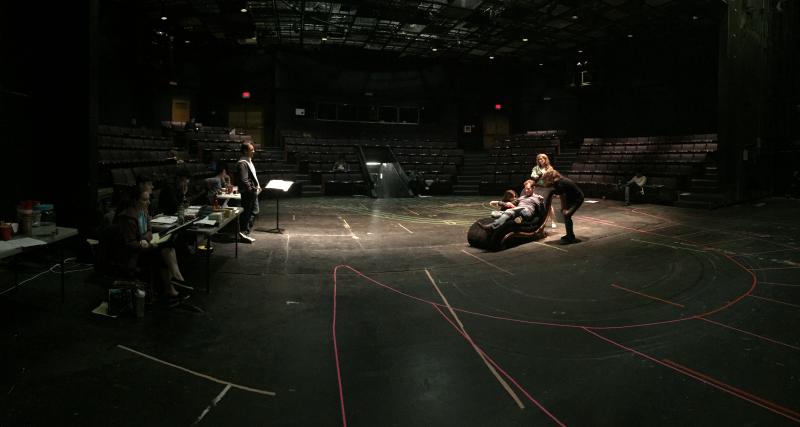 Director Daniel C. Dennis guides actors Monica Orozco, Basil Harris, Bri McCabe, and Eliza Dennis through blocking in Tantrum Theater’s production of A Midsummer Night’s Dream