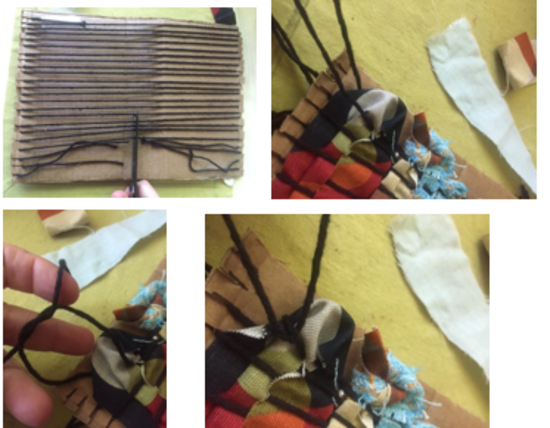 Showing how to cut along the center of the warp yearns on the back and tying off the side of weaving in the front.