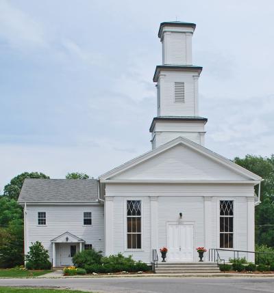 The historic white Dixboro United Methodist Church.