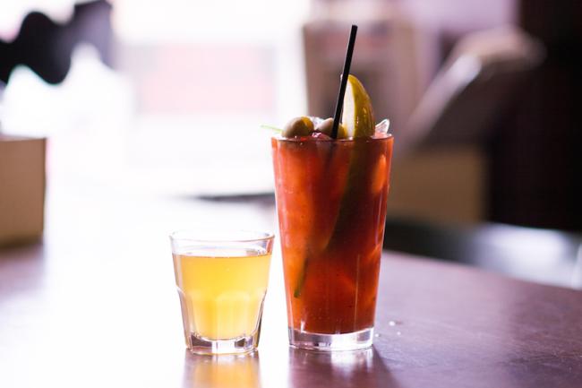 Bloody Mary served with pickles, olives and a shot of beer at Court'n House in Eau Claire