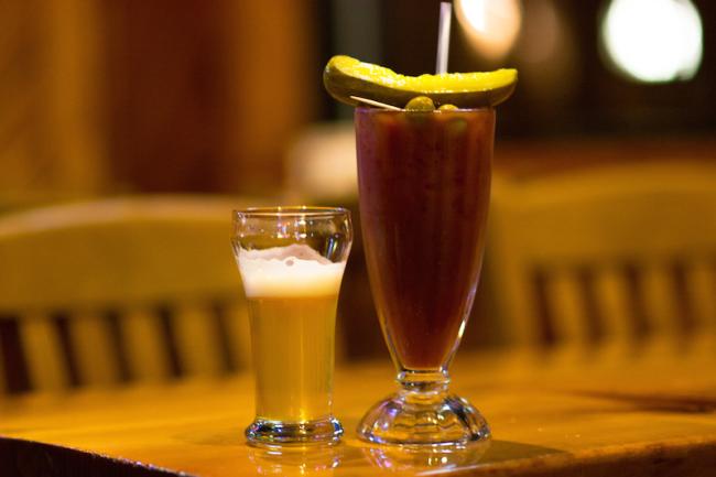 Bloody Mary served with a pickle, olives, and a shot of beer at Ray's Place in Eau Claire