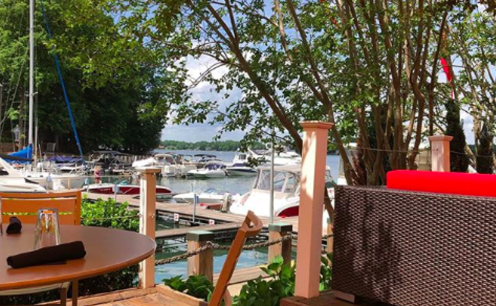 Lakeside patio view at North Harbor Club restaurant