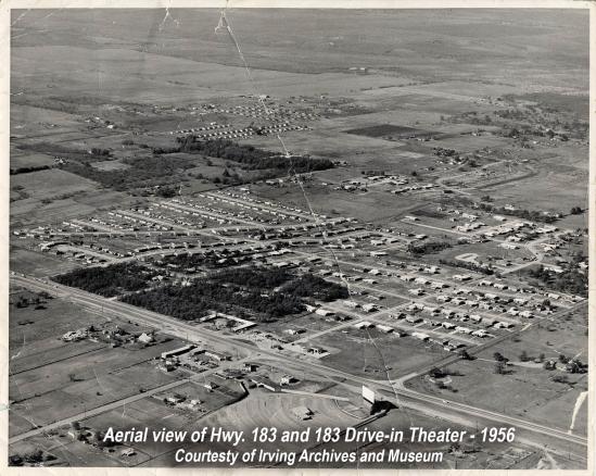 A black & white aerial photo of an area surrounding Hwy 183 near Irving, taken in 1956.