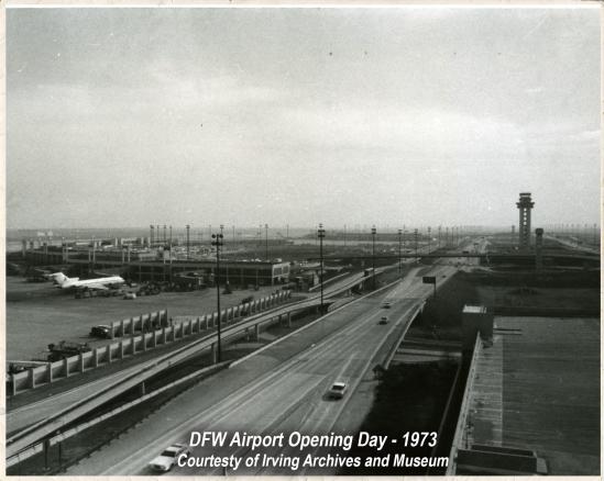 An old black & white photo of opening day at DFW Airport, in 1973.